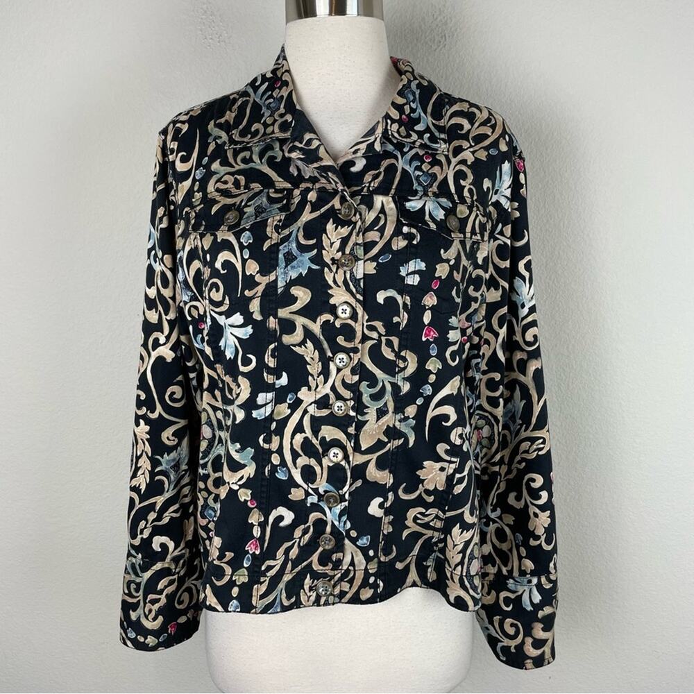 Chico's Black Scroll Print Button Up Cotton Blend… - image 1